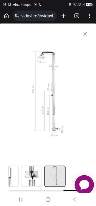 Duș pentru grădină, 225 cm, oțel inoxidabil