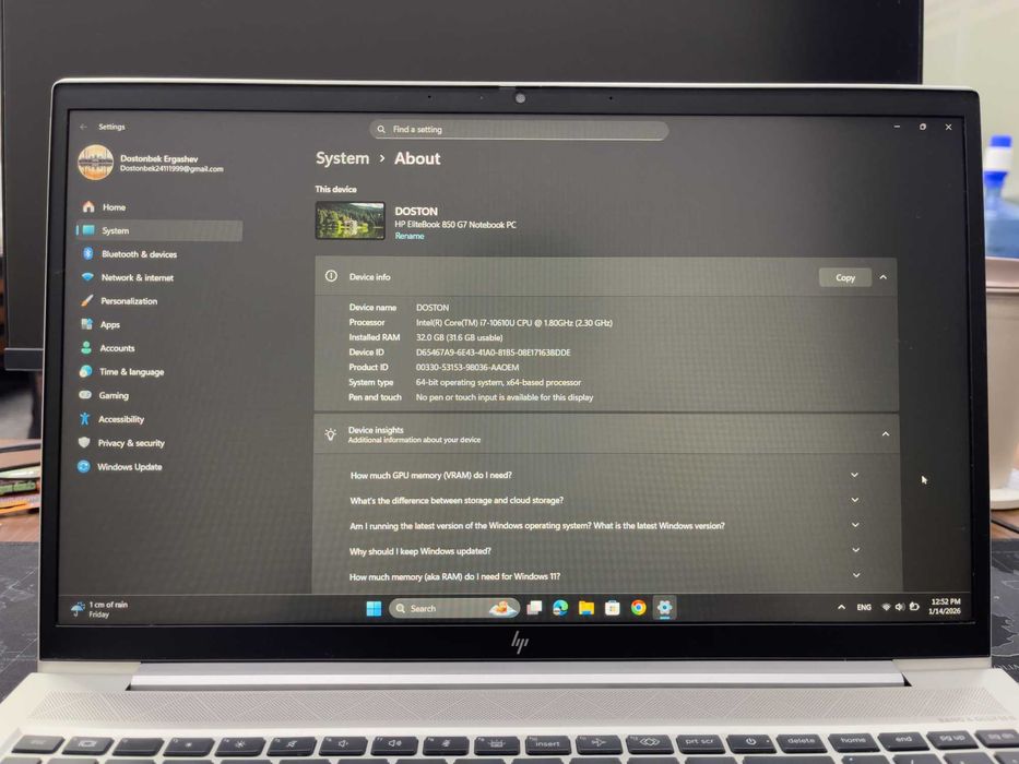 Hp Elitebook 850 G7, Intel Core i7-10610U, 32 RAM, 500 Gb SSD