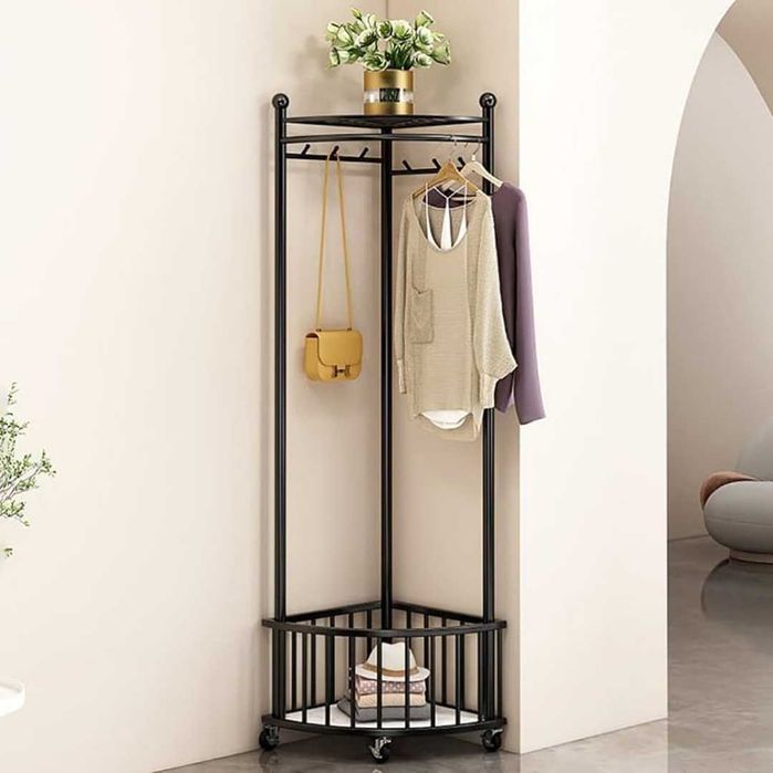 Cuier de Colt cu Roti Metal Rezistent  40x38x160cm Auriu Negru  Alb pentru Hol si Living