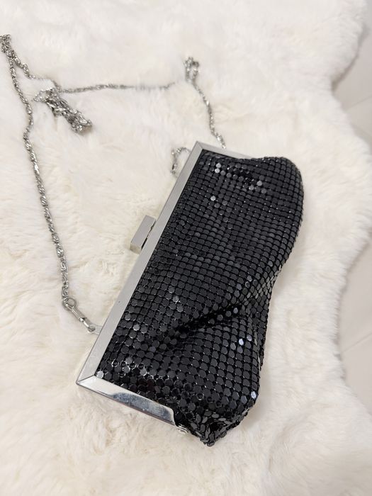 Geanta plic clutch negru elegant cu lant argintiu metalic cu efect