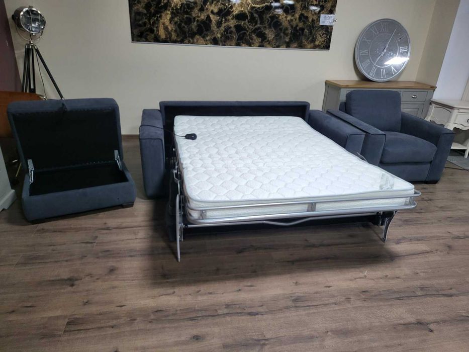 Сив комплект от плат диван тройка с функция сън, фотьойл и табуретка