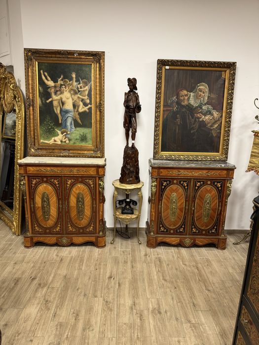 Comoda din lemn masiv cu intarsii, elemente bronz si blat marmura