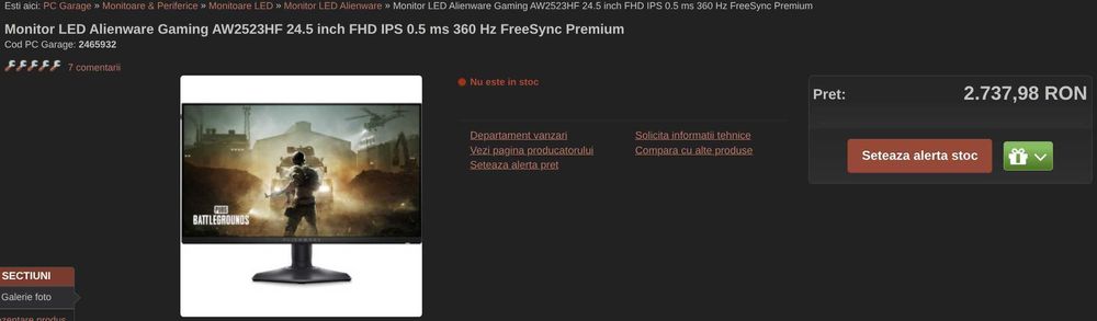 Monitor LED Alienware Gaming AW2523HF 24.5 inch FHD IPS 0.5 ms 360 Hz