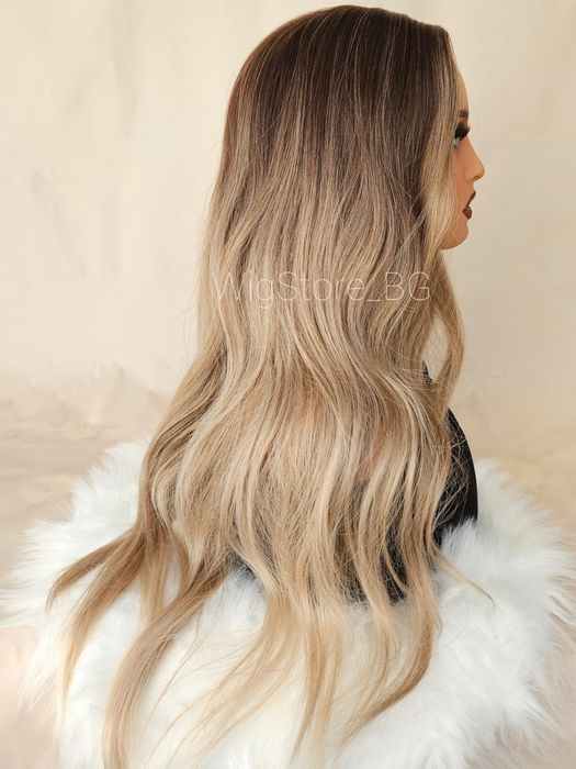 Дълга на вълни кестенява перука омбре без бретон