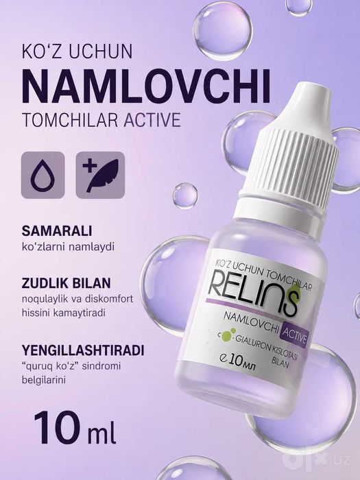 RELINS ACTIVE ko‘z namlantiruvchi tomchilari, gialuron kislotali, 10ml