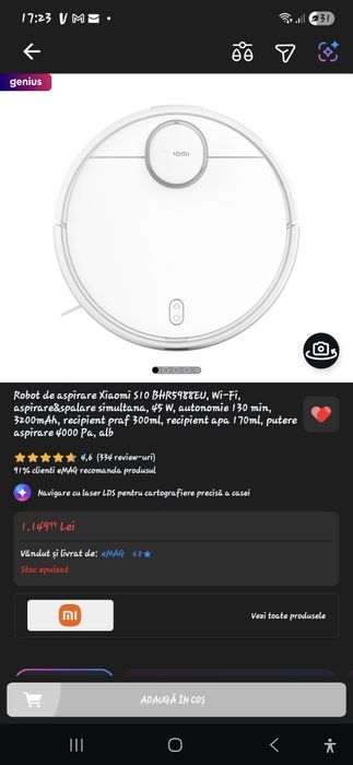 Robot de aspirare Xiaomi S10 BHR5988EU, Wi-Fi, aspirare&spalare simultana, 45 W, autonomie 130 min