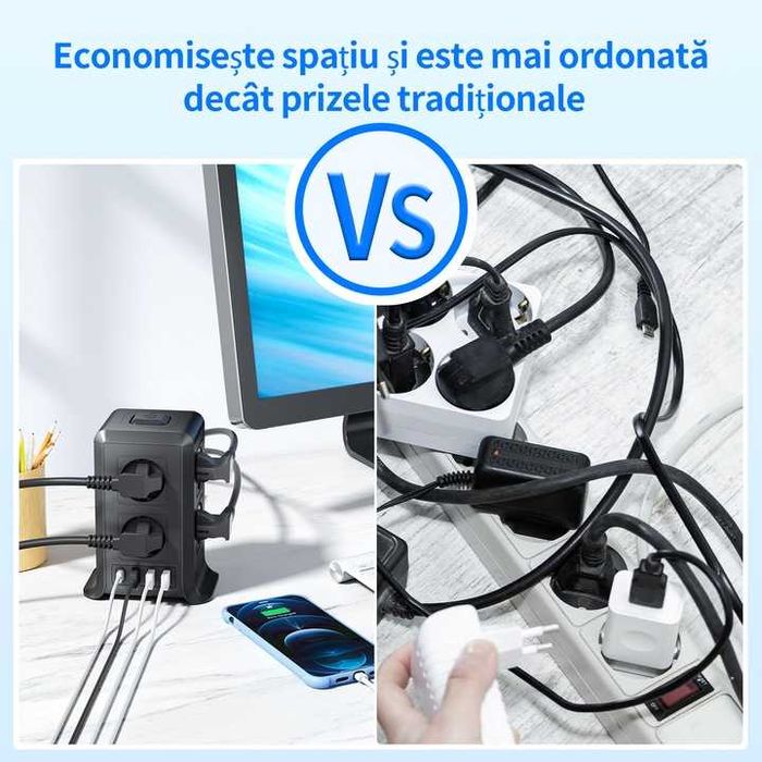 Prelungitor turn Sameriver,4 porturi USB 2,4A, 8 prize,2m,1200 jouli