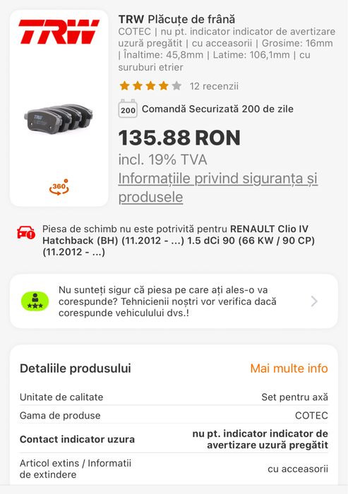 Vand set placute FATA-SPATE Renault Megane 4/1,5 Diesel