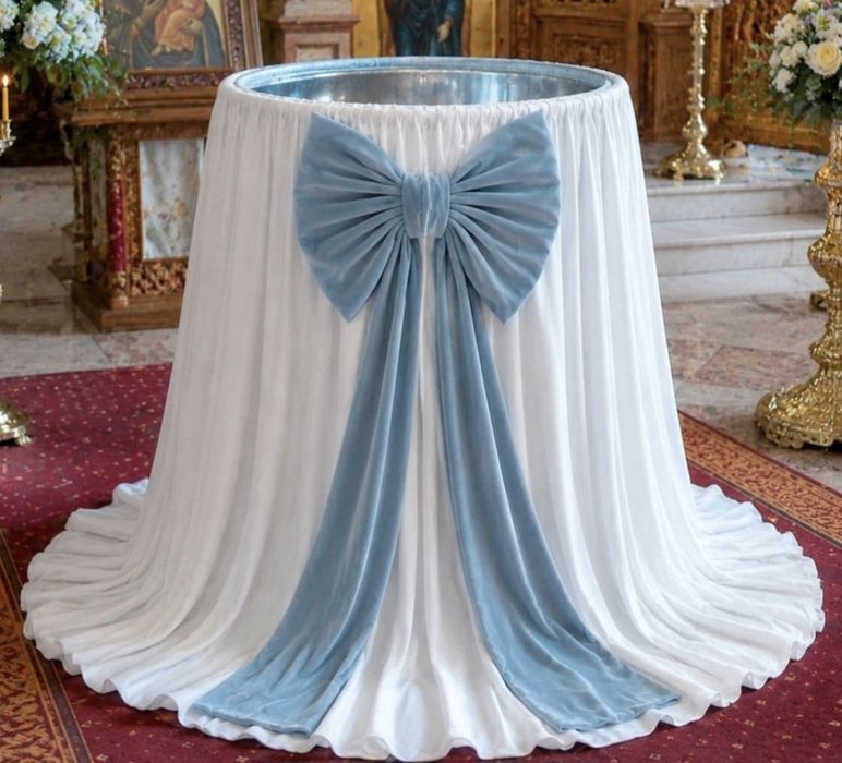 Pachet decor cristelniță botez – fustă voal alb + fundă catifea premium