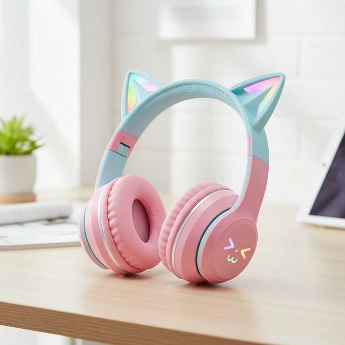 Casti Wireless Copii, VALA V35C, cu urechi de pisica si luminite, Roz