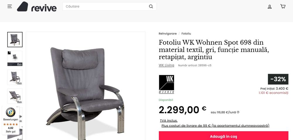 Fotoliu piele culoare gri WK Wohnen Sessel Spot 698  designer Prof. Stefan Heiliger