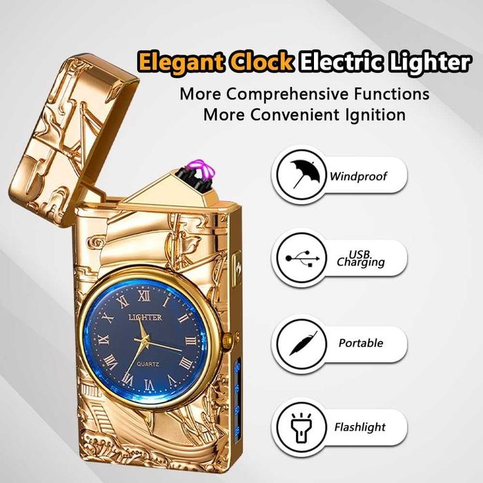 Електрическа плазмена запалка RSBYE с часовник и фенер + Твърд калъф