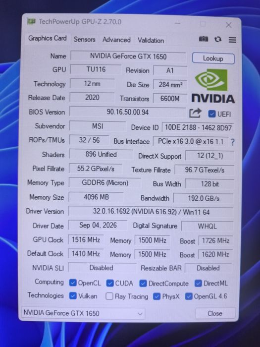 Видеокарта MSI GTX 1650 GDDR 6