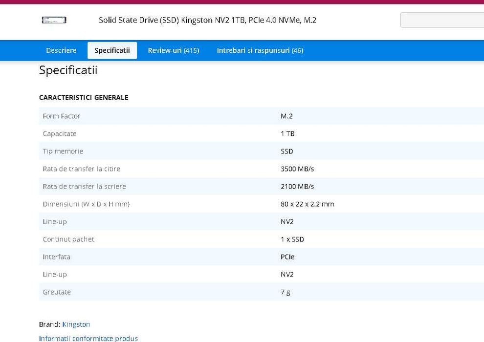 Vand 1TB SSD Kingston NV2 M.2