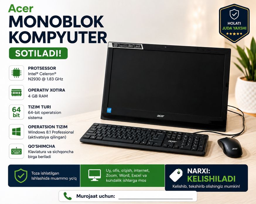 Acer monoblok kompyuter sotiladi