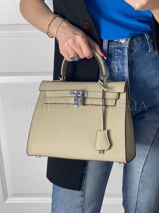 Geanta Piele Bovine - Ivoire cu Argintiu