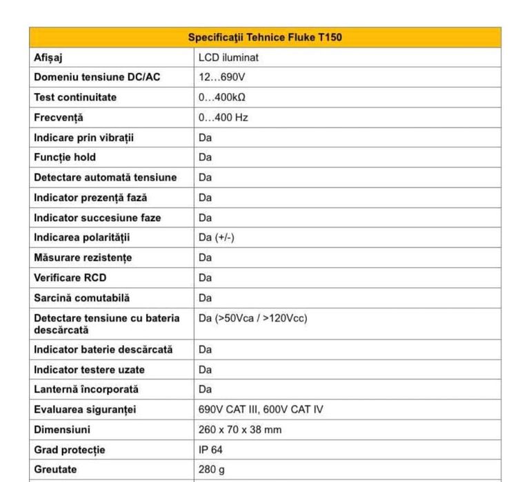 Tester Fluke T150/VDE bipolar AC DC cu indicator LED
