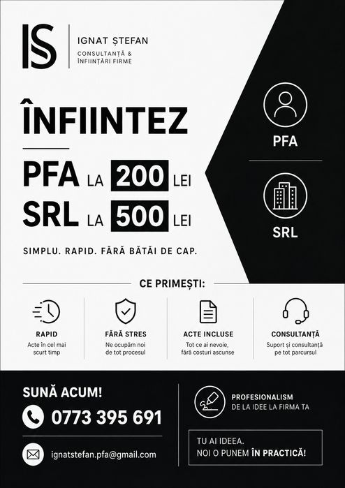 Infiintare firma (PFA / SRL) / ONRC in toata tara