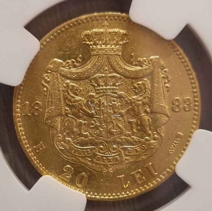 Moneda aur 20 Lei 1883, Carol I, gradata NGC AU 55