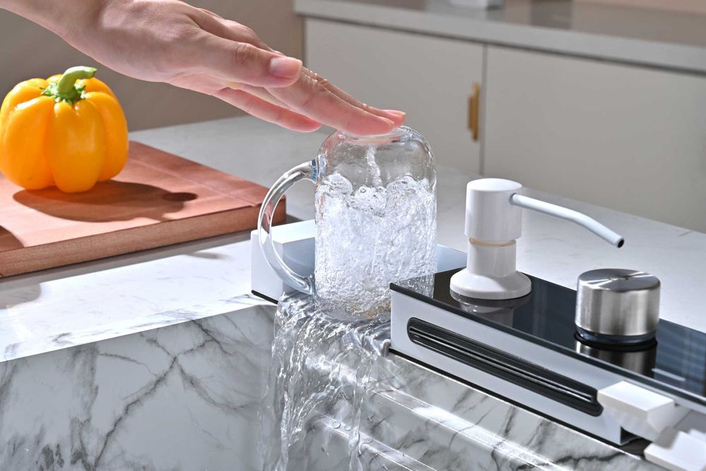 Бял мрамор - Мултифункционална кухненска мивка с двоен водопад