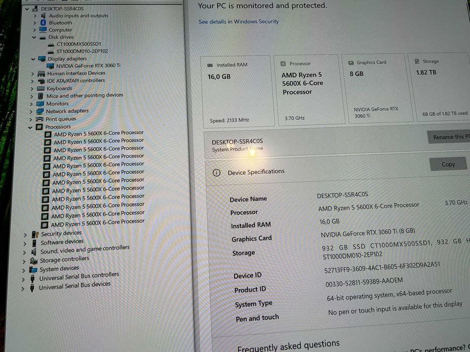 Геймърски Ryzen 5 5600X/Asus RTX 3060 Ti/16Gb рам/SSD+HDD 2tb/Fractal