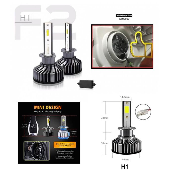 Комплект мини led диодни крушки h1 12v 24v 72w 10000lm canbus