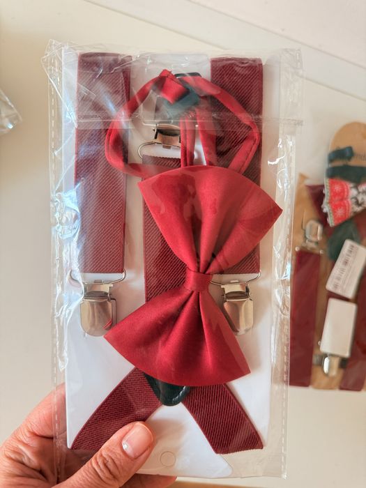 Тиранти с папионка за деца, бордо, бяло, синьо