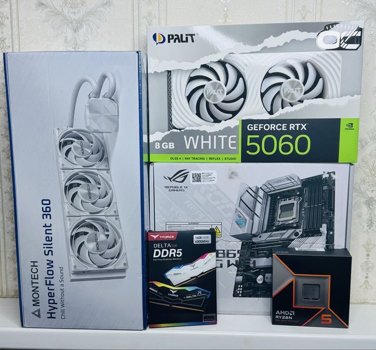 Белый комплект Rog Strix B850A Ryzen 5 9600x 16Гб Озу  RTX 5060 + СЖО