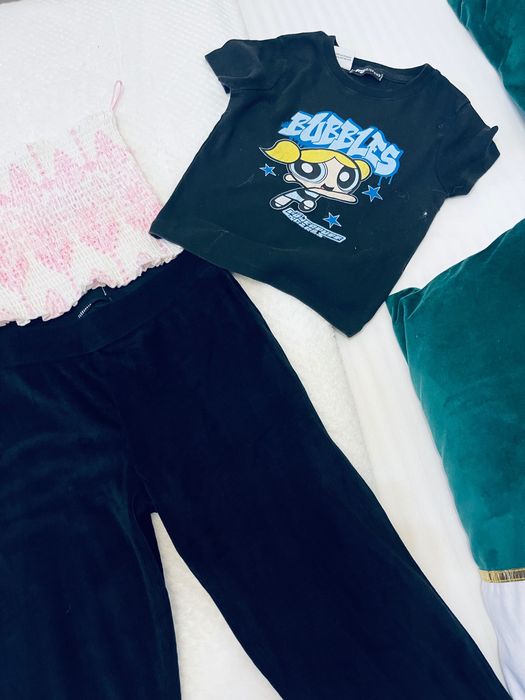 Compleu fete: pantaloni negri evazați Teranova 165 cm +3 tricouri