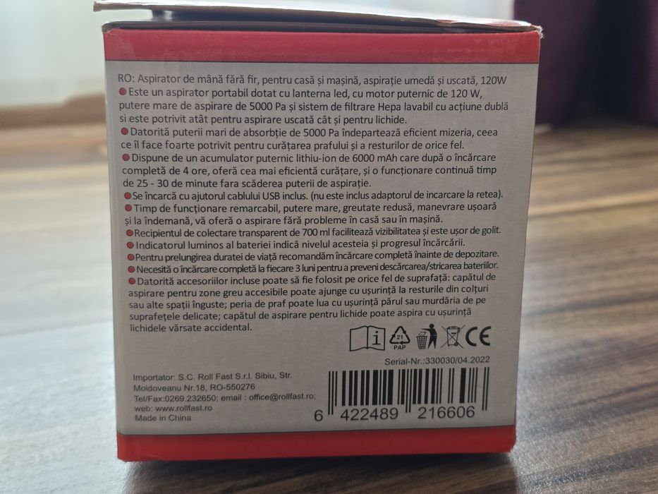 Aspirator auto fara fir Rollfast 120W