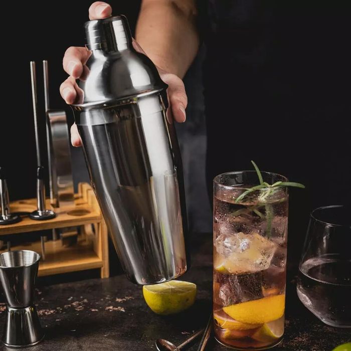 Set barman pentru bauturi si cocktail-uri, shaker, 15 piese, argintiu,