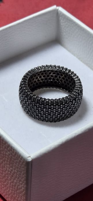 Inel lat din argint rodiat negru cu onix fațetat,10 mm