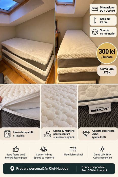 2 saltele JYSK DREAMZONE LUX, spumă cu memorie, 90x200 cm, grosime 29 cm