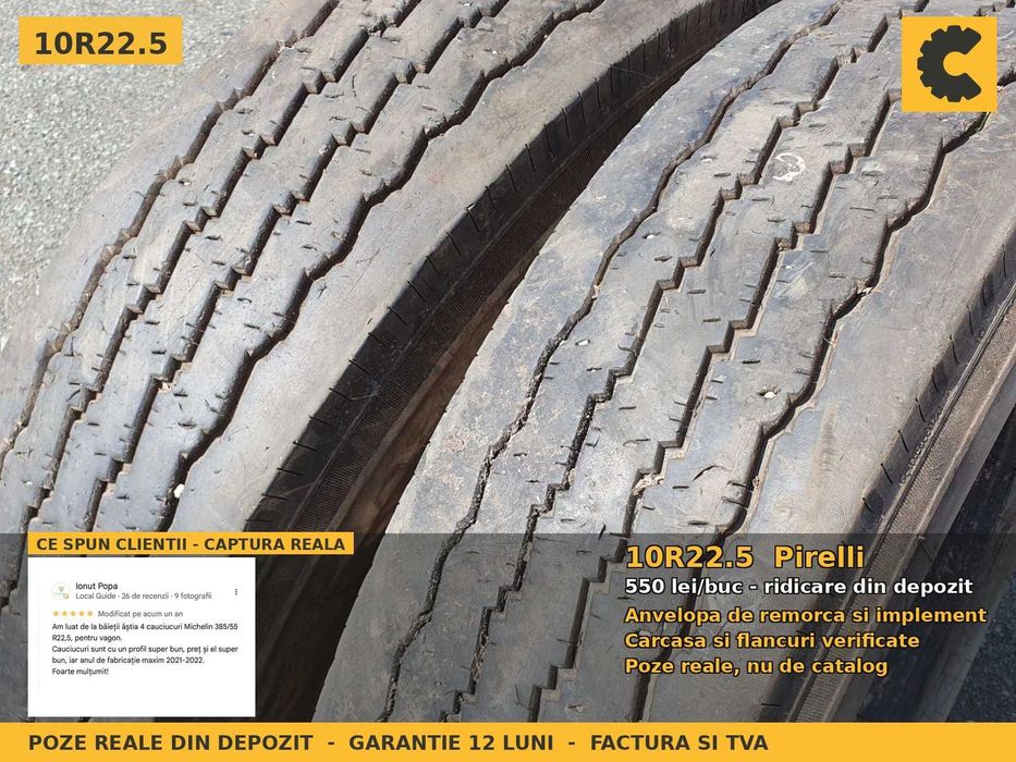 Anvelope Cauciucuri 10R22.5 10 R22.5 10-22.5 10.00R22.5 1022 Pirelli Remorca Implement Flotatie SH Second Hand VERIFICATA Garantie 1 An Factura TVA