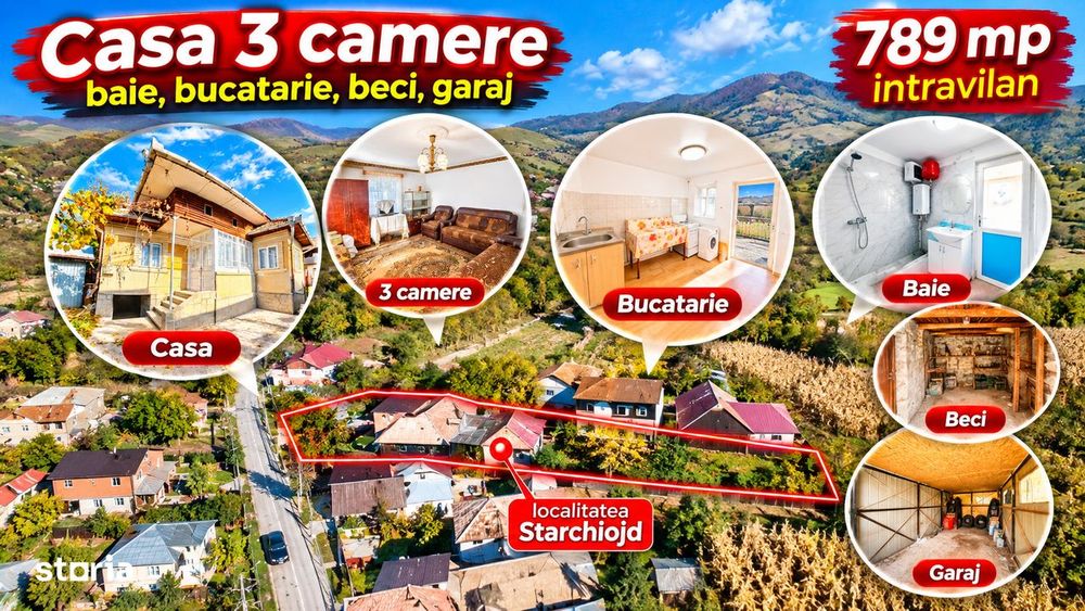 Starchiojd - casa 3 cam, baie, bucatarie, beci + garaj, 789 mp teren