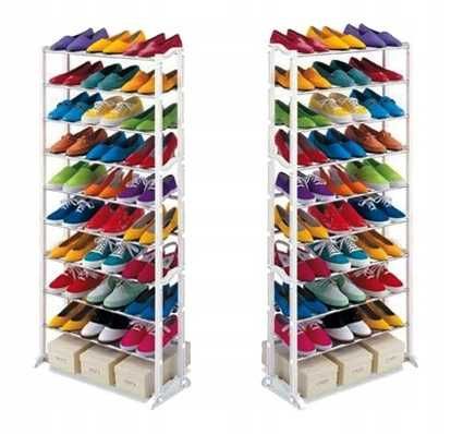 Голяма етажерка за обувки 30 чифта, метална, 10 нива, черна, бяла