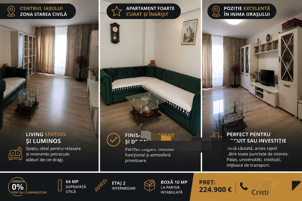 IASI_ULTRACENTRAL_Piata Unirii_AP 3 CAMERE et 2/6_64 mp _boxa 10 mp la parter intabulata 0 %COMISION