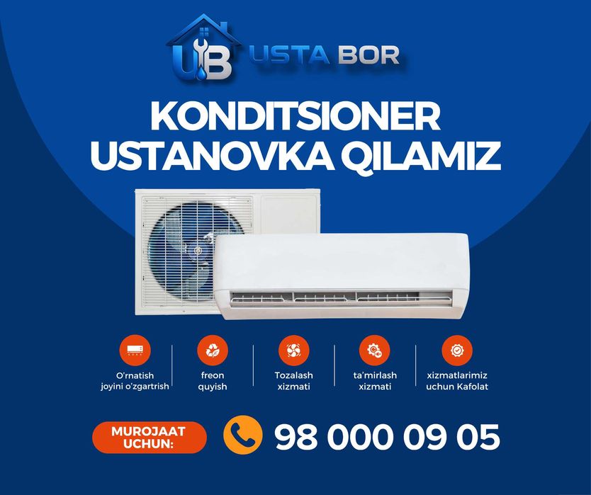 Konditsioner | o'rnatish va Remont |  Tozalash | Freon quyish