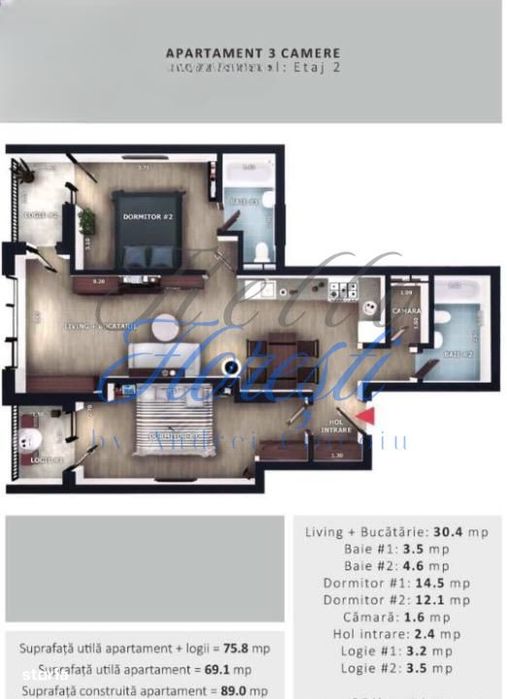 Apartament 3 camere, 69,1 mp | Zona Vivo | Floresti |
