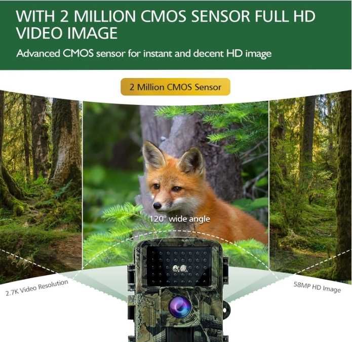 Cameră de urmărire HAZA, 58MP,cu 2.7K HD, cameră de vânătoare cu vedere nocturnă activată prin mișcare, impermeabilă IP66