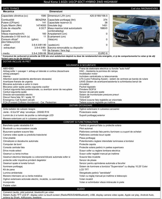 Hyundai Kona Hybrid 1.6 GDi 141 CP, automată DCT, 2021, unic proprietar, service la reprezentanță