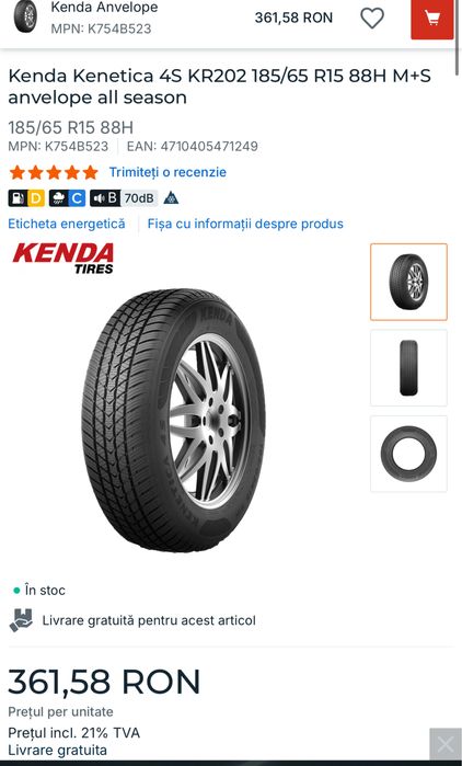 Vand 2 roti cu anvelope Kenda Kenetica 4 season 185/65/15