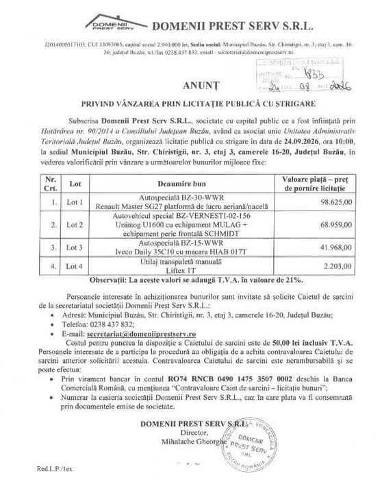 Anunt vanzare prin licitatie publica cu strigare