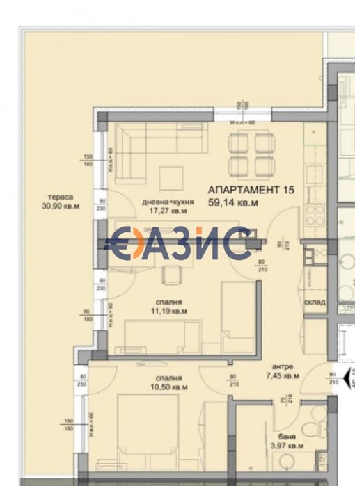 3-стаен апартамент на 3-ти етаж, Флора Бийч, Сарафово, Бургас - 98 кв. м.,#34108938