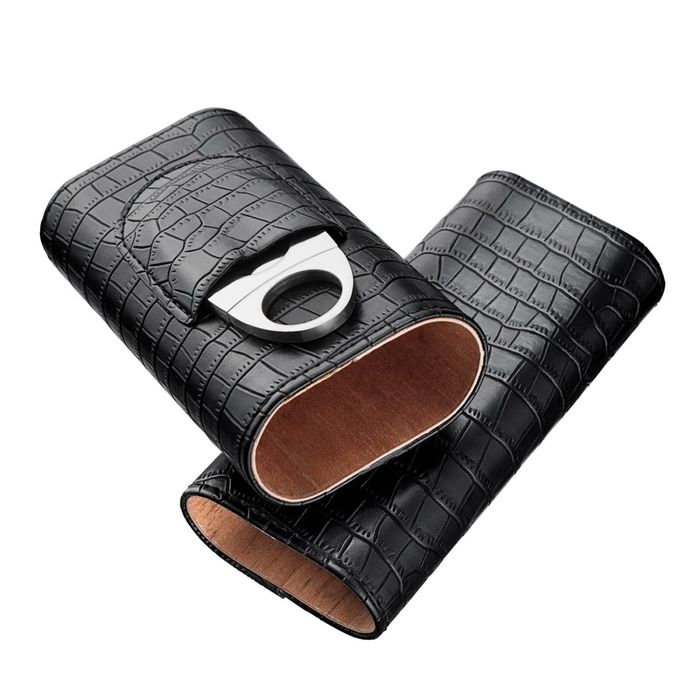 Кожен калъф за 3 пури с кедрово дърво + резачка (крокодилски ефект)