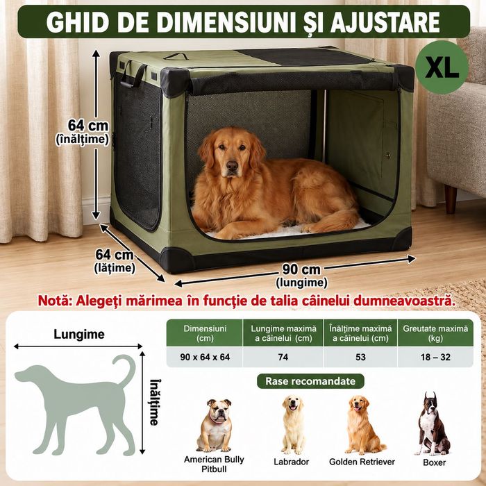Cusca pliabila pentru caini 90x64x64 cm verde 4 usi transport calatorie