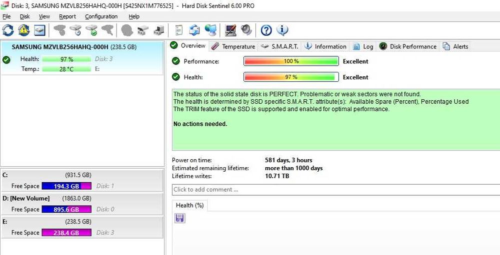 Solid-State Drive (SSD) Samsung PM981 256GB M.2 NVMe PCIe Gen3 x4, HP P/N L11634-001