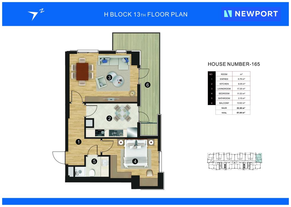 Продается 2 комнатная квартира в ЖК «New Port» 61,44 кв.м. 13 этаж