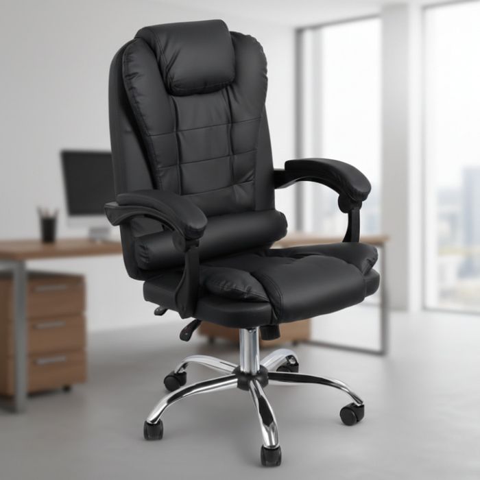 Ергономичен офис стол с лумбална опора от еко кожа в черен цвят