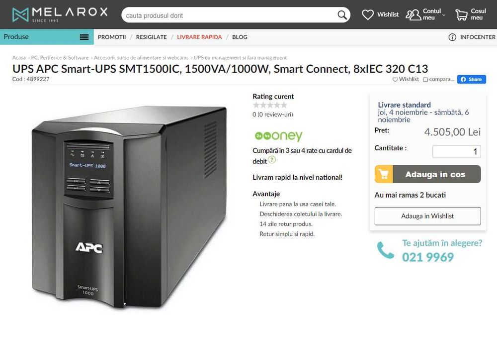 UPS APC cu display si SINUSOIDA PURA intre 750VA-16kVA, deci inclusiv pt case intregi (American Power Convertion - SMT, SRT sau Symmetra) 650-10000RON
